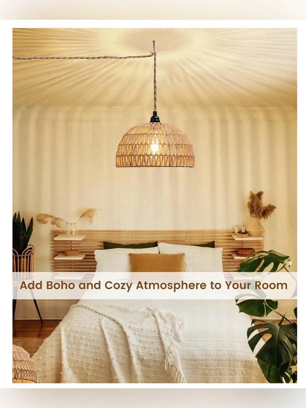 Rattan Hanging Lamp,Boho Pendant Lights,Plug In Cord